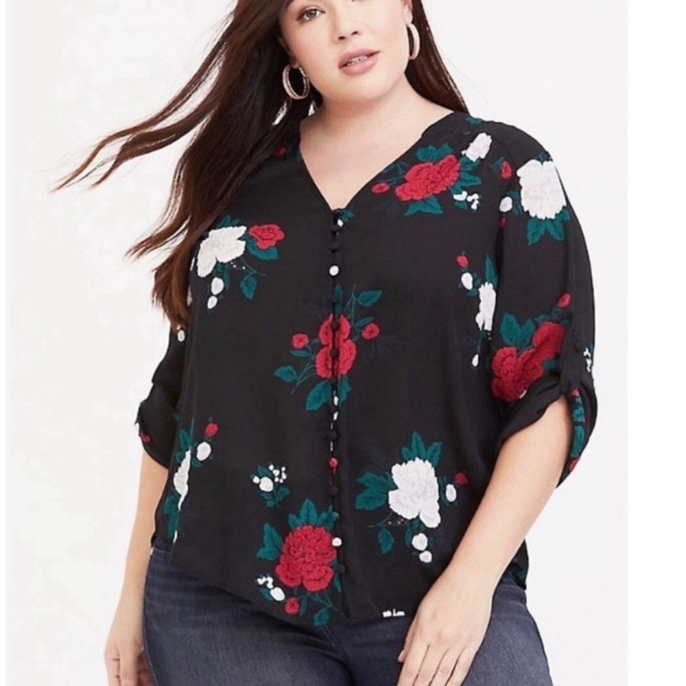 Torrid‎ Colorful Floral Pullover Button 3/4 Sleeve Blouse Size 2X Office Flowy